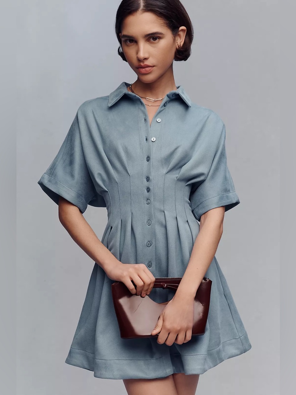 Anthropologie Tobie Faux-Suede Mini Shirtdress by Exquise - Picture 1 of 7